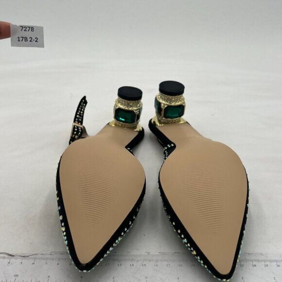 Women Pointed Toe Slingback Wedding Pumps Chunky Low Heel Rhinestone Sandals - Picture 6 of 7